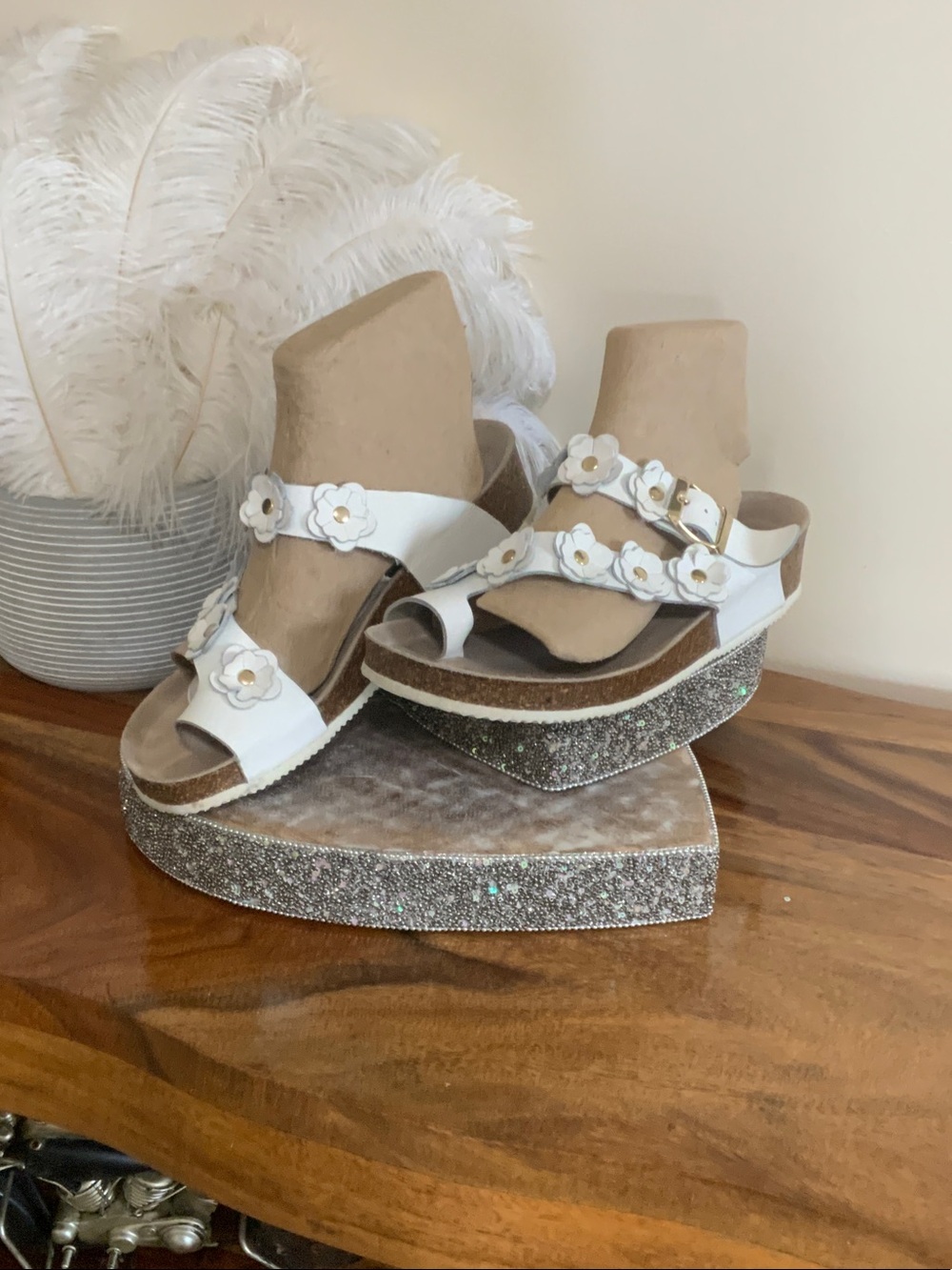 White Floral Platform Wedge Sandals - Women's Adjustable Straps